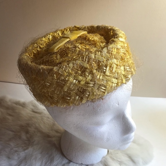 Vintage 50s Womens Yellow Straw Pillbox Hat - Picture 1 of 9